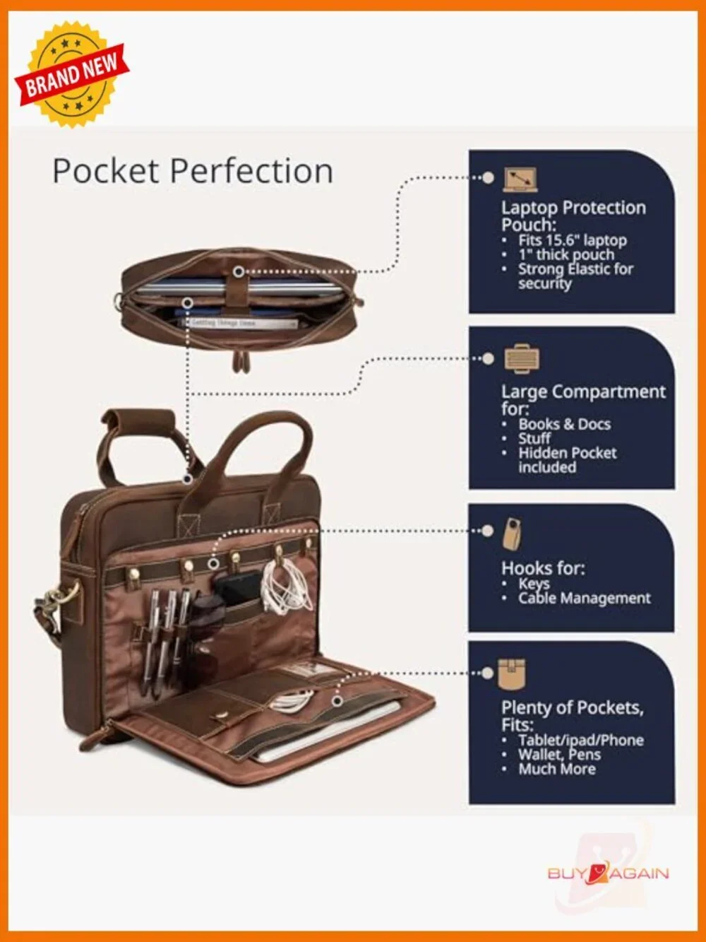 Full-Grain Leather Briefcase Laptop Bag Messenger Work